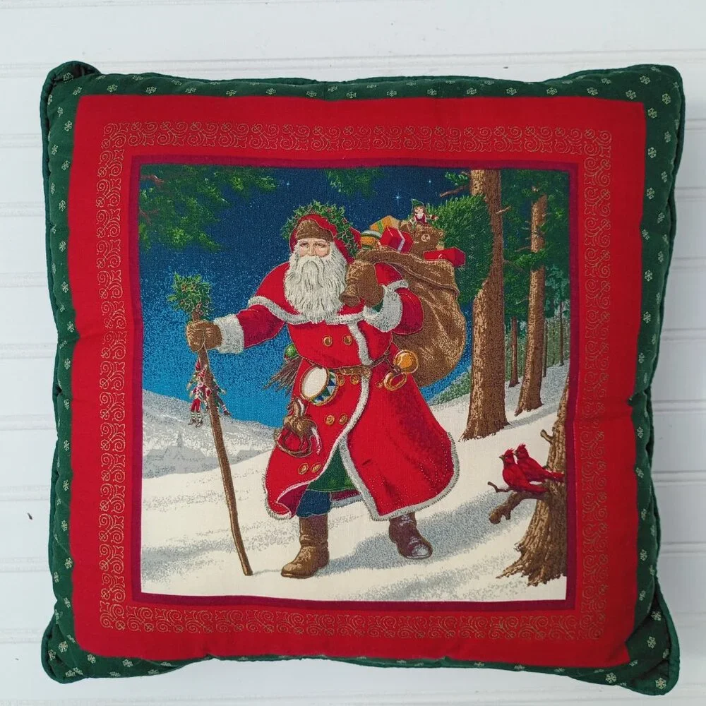 PAIR of Old World Santa Claus Throw Pillows Christmas Holiday Santa in Snow Vtg
